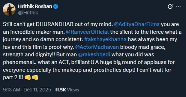 Hrithik Roshan says he “can’t wait for Dhurandhar Part 2”, a day after admitting he disagrees with the film’s politics