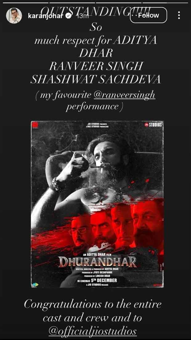 Karan Johar declares Dhurandhar as his all-time favourite performance of Ranveer Singh; calls it ‘outstanding’