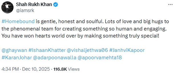 Shah Rukh Khan calls Homebound “gentle, honest and soulful,” ahead of its Oscars 2026 run