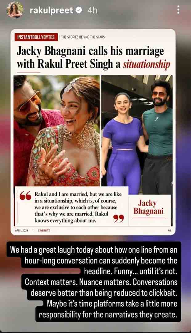 Rakul Preet Singh clarifies Jackky Bhagnani’s viral situationship remark about their marriage: “Context matters”