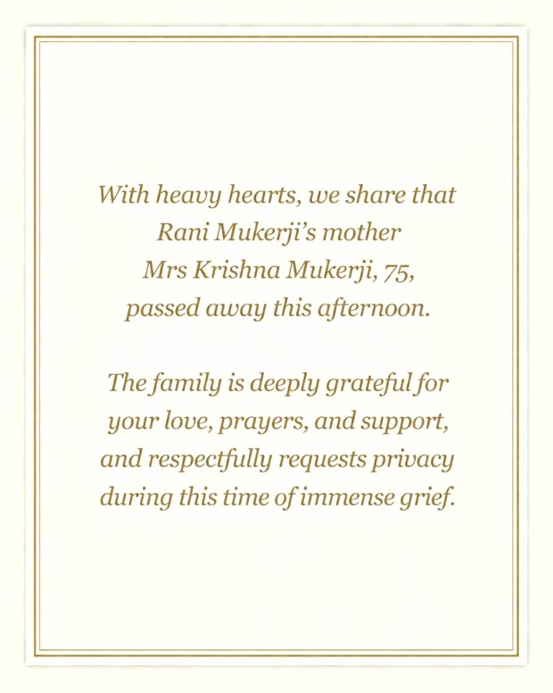Rani Mukerji's mother Krishna Mukerji passes away at 75; family requests privacy